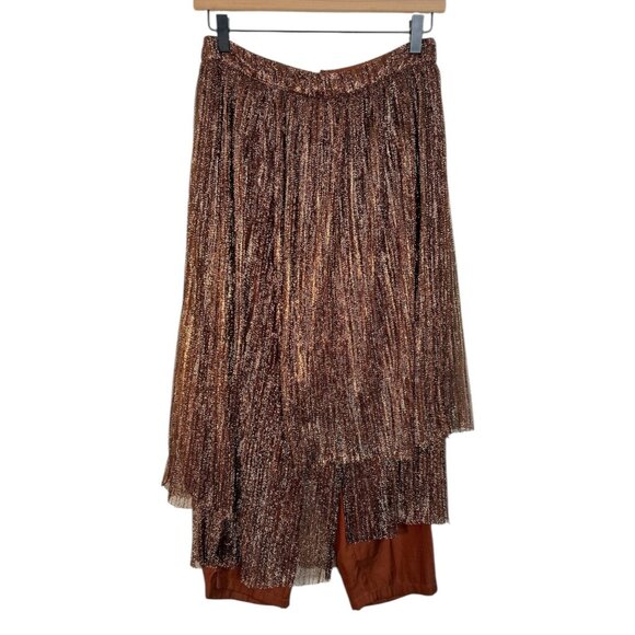 Anthropologie Maeve Metallic Skirted Pants Silk Legging Mesh Skirt Copper 2 - Picture 5 of 14